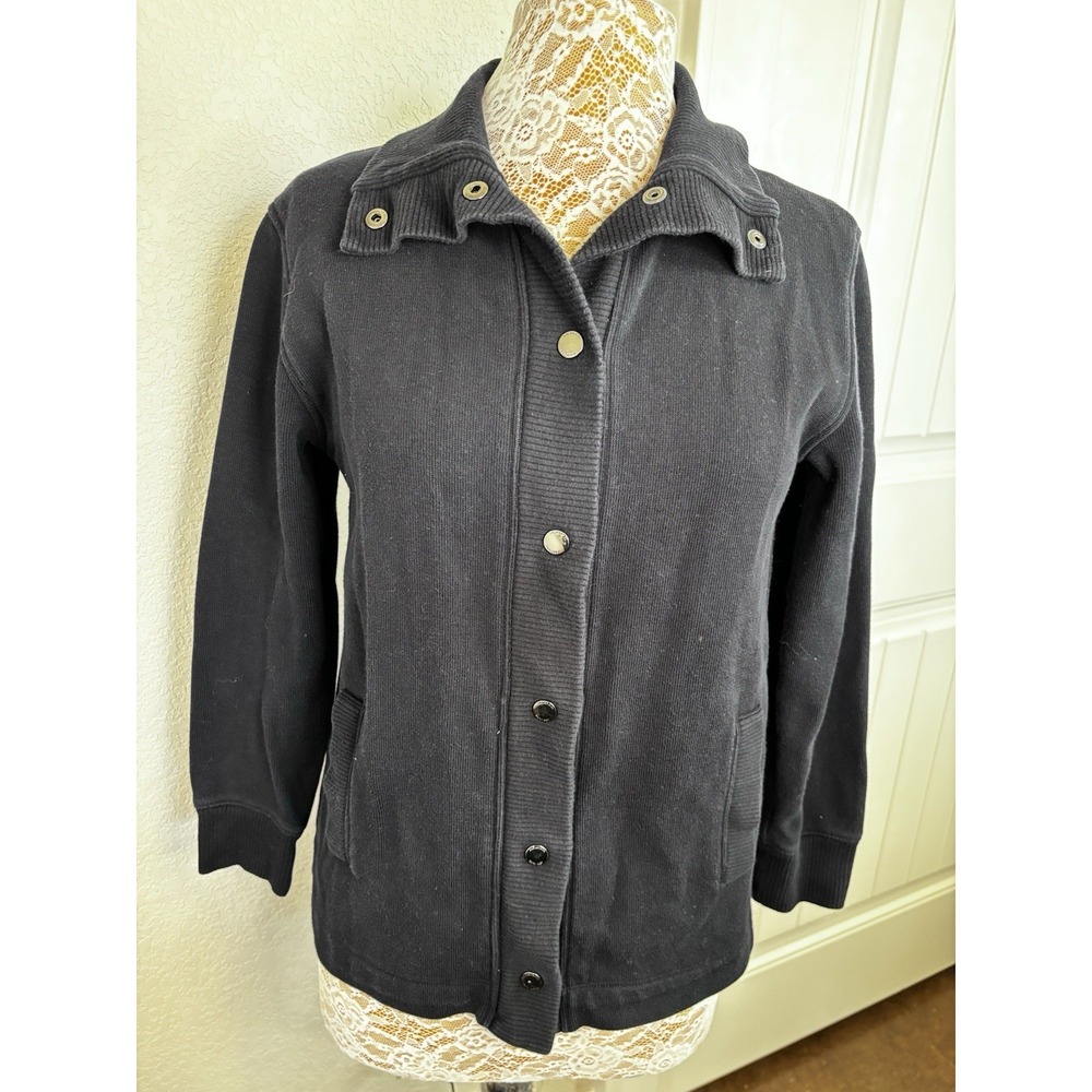 Lauren Ralph Lauren Cardigan  Snap‎ Front Black  Ribbed 100% Cotton Coastal
